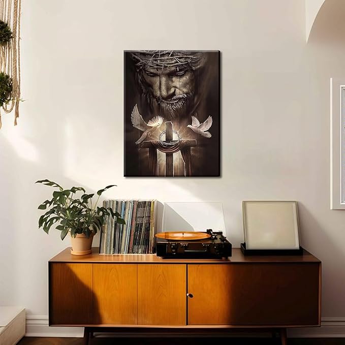 Eysintum Christian Framed Canvas Wall Art Jesus Christ Crown of Thorns Cross with Holy Spirit Doves Religious Home Decor for Church Prayer Room Living Room Office Ready to Hang 12x16in