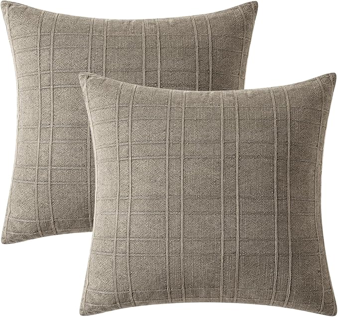MIULEE Decorative Linen Check Euro Shams Throw Pillow Covers Neutral Farmhouse Vintage Pillow Covers 22x22 Set of 2 Boho Modern Winter Home Decor for Sofa Couch Bedroom Cushion Tan Taupe