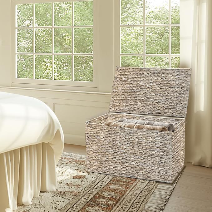 Water Hyacinth Storage Basket with Lid, 52.8 Gallon (200L), White | Large Blanket Storage Basket with Handles, Woven Storage Bin, Foldable, Metal Frame, for Bedroom, Laundry Room, Living Room