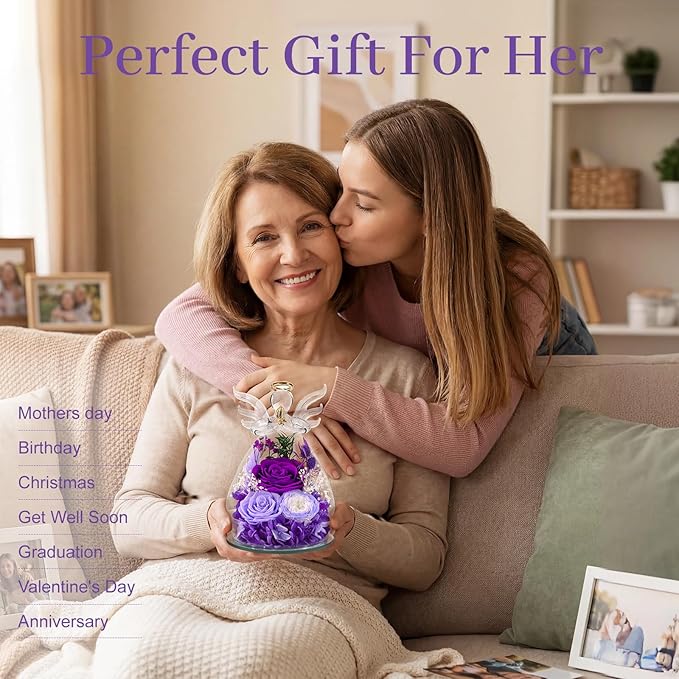 Bessol Gifts for Mom Birthday Flowers for Women Mothers Day Flowers for Delivery Preserved Roses Forever Flower in Glass Angel Figurines Fresh Eternal Rose for Grandma Wife Sister Daughter Friends