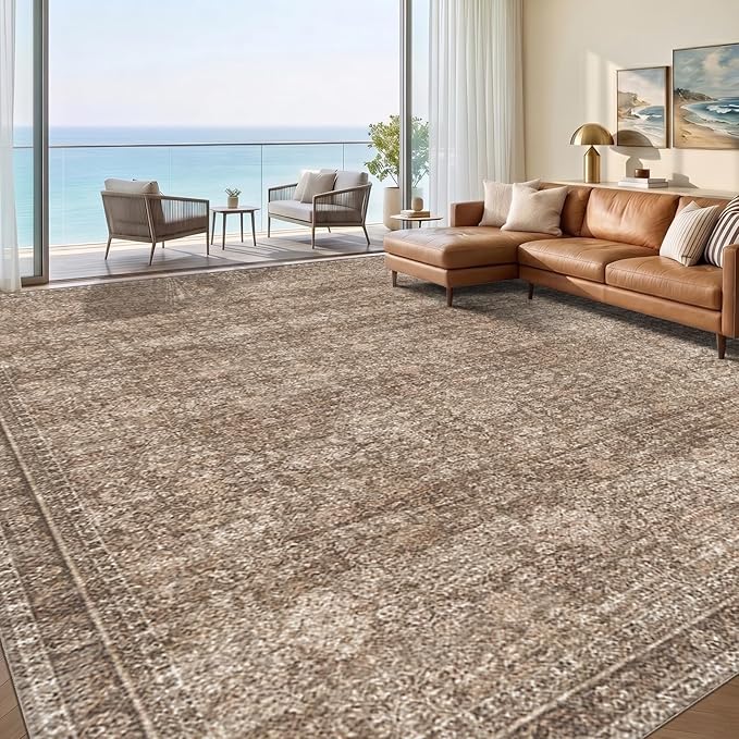 Sasttie 9x12 Area Rug, Ultra-Soft Washable Rug, Low Pile Foldable Thin Carpets with Non-Slip Backing, Skin-Friendly Stain Resistant Carpet for Living Room, Bedroom, Kitchen, Dorm, 9x12, Dark Brown