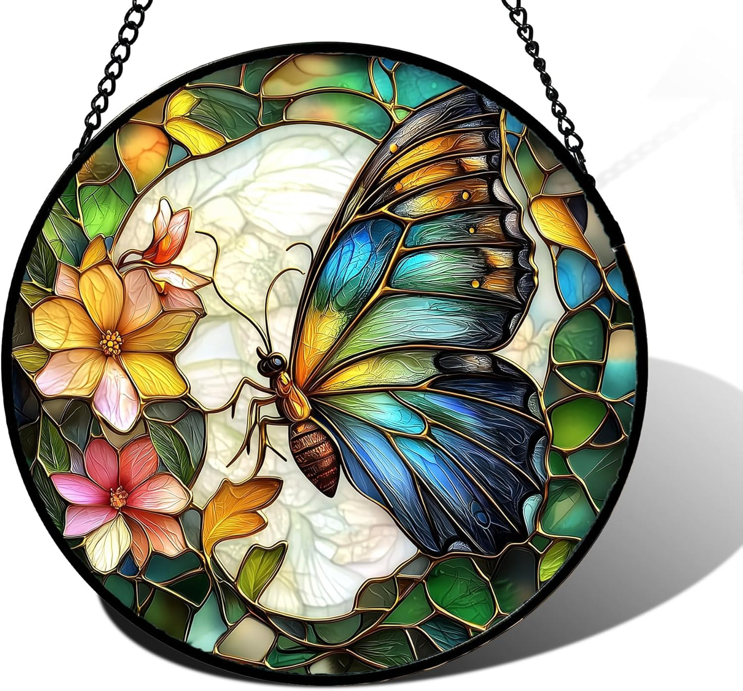 Stained Glass Window Hanging, Butterfly Flower Sun Catchers Diamond Glass Panel Hangings Insect Suncatcher Decor for Birthday for Women, Men, Wife, Aunt, and Mom 15x15 in