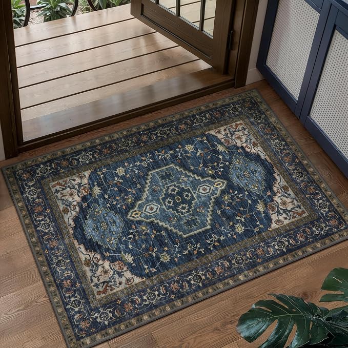 Tangsoo Dark Blue 2x3 Washable Rugs for Entryway, Vintage Non Slip Small Area Rug Carpet, Oriental Indoor Front Door Rug, Door Mat Indoor Entrance Soft Low Pile Throw Rugs for Entry Kitchen Bedroom