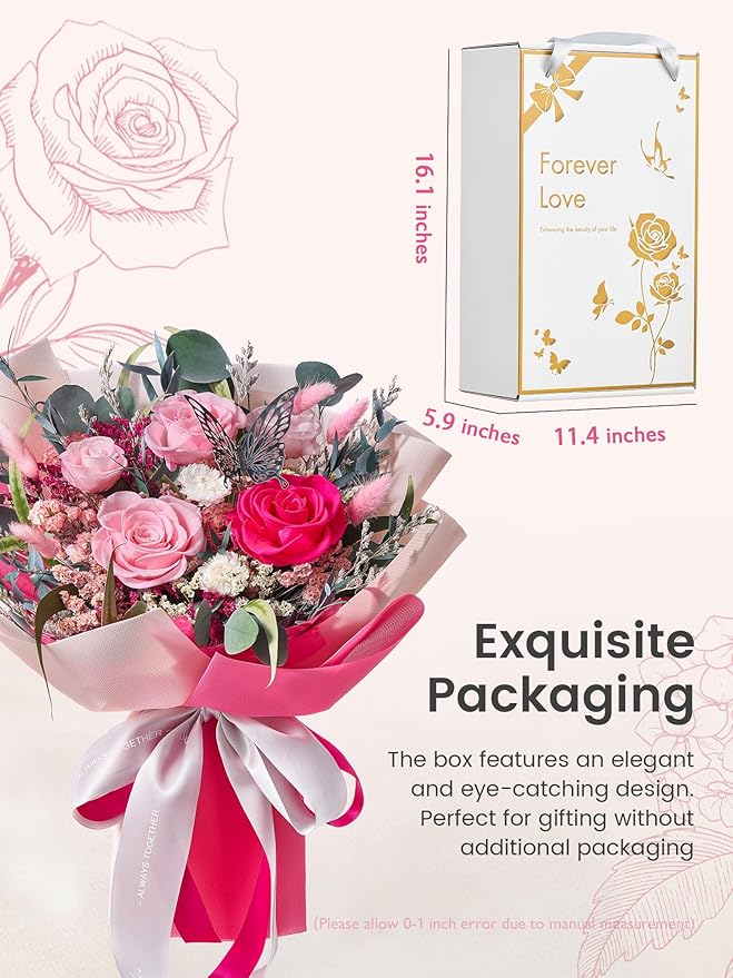 Polylove Flowers for Delivery Prime Forever Flowers Bouquet Preserved Roses Bouquet Flower Gift for Women Wife Mother Day Graduation Birthday (Hot Pink, Medium)