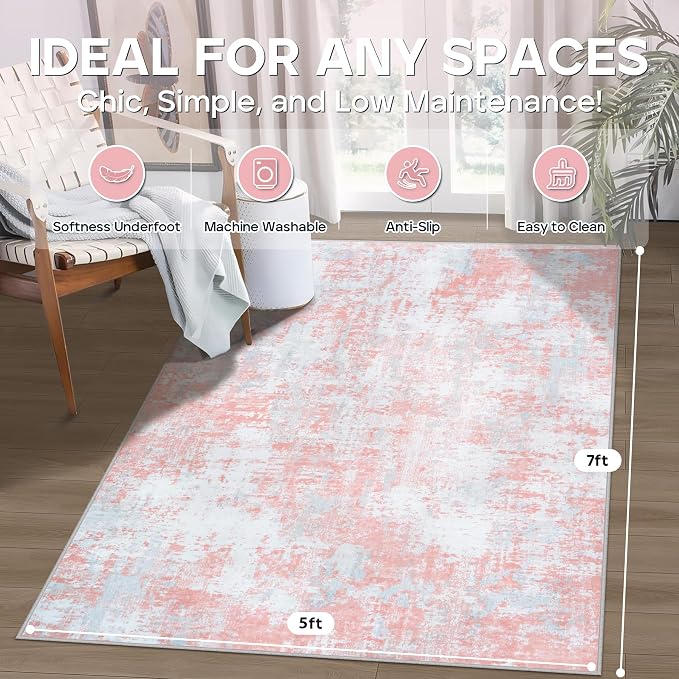 Pink Rug Carpet 5x7 Area Rugs for Bedroom Girls: Washable Modern Rug for Living Room Dining Room Non Slip Low Pile 5 by 7 Indoor Abstract Home Office