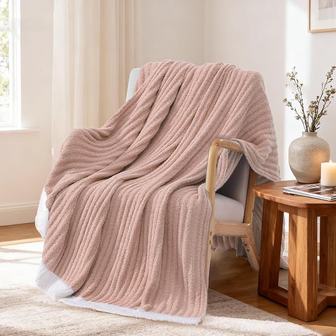 WRENSONGE Soft Throw Blanket for Couch-Cozy Reversible Knitted Blankets | Lightweight Warm Fluffy Decor for Women, Mom, Her & Girls, Sofa, Chair, Bed, 50x60in, Pink