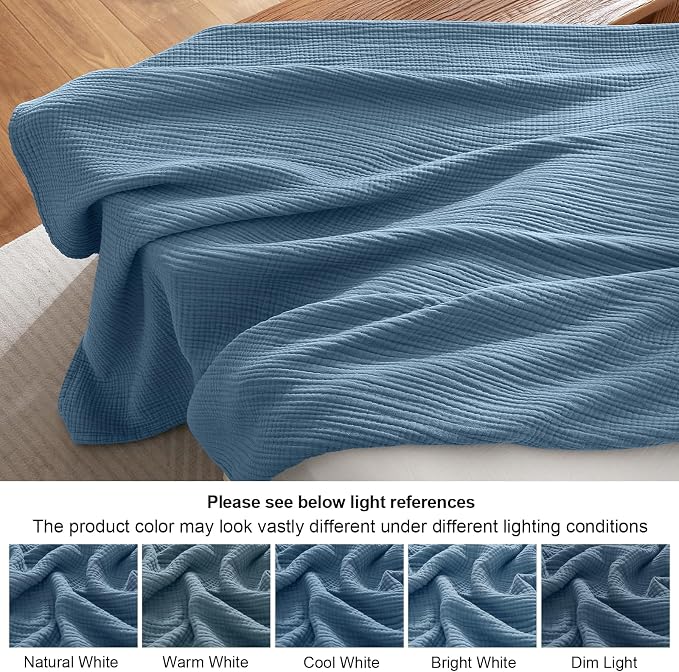 PHF 100% Cotton Muslin Blanket King Size 108"x90", 4-Layer Lightweight Gauze Throw, Breathable Cloud-Soft Minimalist Blanket for Bed, Couch, Camping & Baby, Denim Blue, Ideal Gift