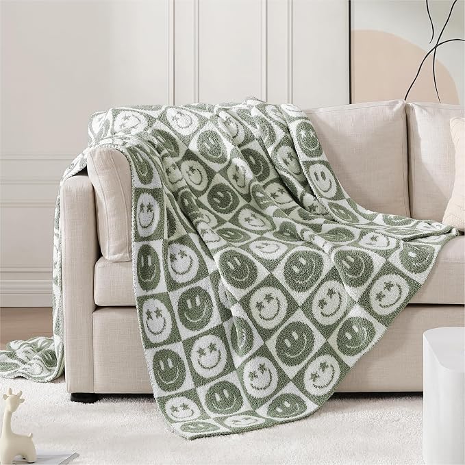WRENSONGE Soft Checkered Throw Blanket for Couch-Cozy Warm Knitted Blankets | Lightweight Warm Fluffy Decor for Women, Mom, Her & Girls, Sofa, Chair, Bed, 50x60in, Seagrass Smiling Face