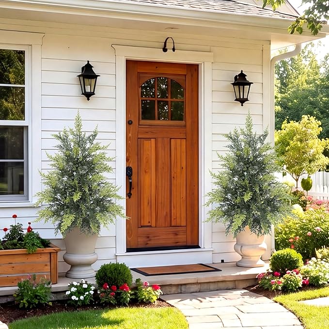 ENVEN Outdoor Artificial Topiary Cedar Tree Real Touch Faux Pine Evergreen Shrub Plant UV Resistant Greenery Tree with Pot Realistic Cypress Front Porch Decor (2FT-2Pack)