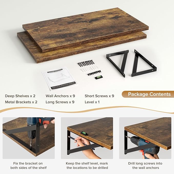 Acovy Deep Floating Shelves Wall Mounted, 24"x12" Brown Wood Shelves with Brackets Set of 2 for Bedroom, Living Room, Bathroom, Kitchen, Office - Storage & Display Shelf for Decor, Books, Plants