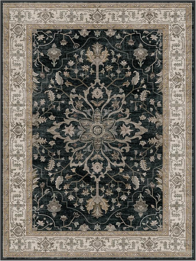 RELEANY Area Rugs Large 10'x14' Washable Non-Slip, Floral Vintage Distress Medallion Carpet for Living Room Bedroom Dining Room, Vintage Black Brown Neutral