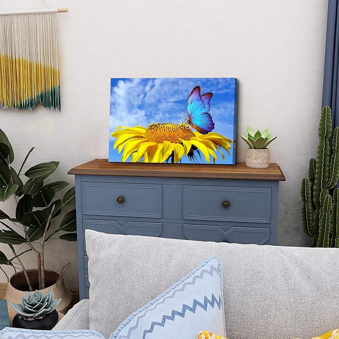 Sunflower Wall Art Bathroom Decor Blue Butterfly Canvas Pictures for Bedroom Sunflower Wall Decor Floral Posters Living Room Kitchen Home Decoration Yellow Sunshine Flower Painting Modern Artwork
