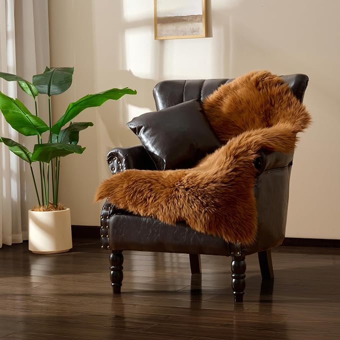 Premium Genuine Sheepskin Area Ruge - Real Wool Fur Shaggy Carpet | Fluffy Soft Natural Lambskin Rug Seat Chair Covers for Couch Sofa Bedroom Living Room(Brown,2×3 Feet Sheepskin)
