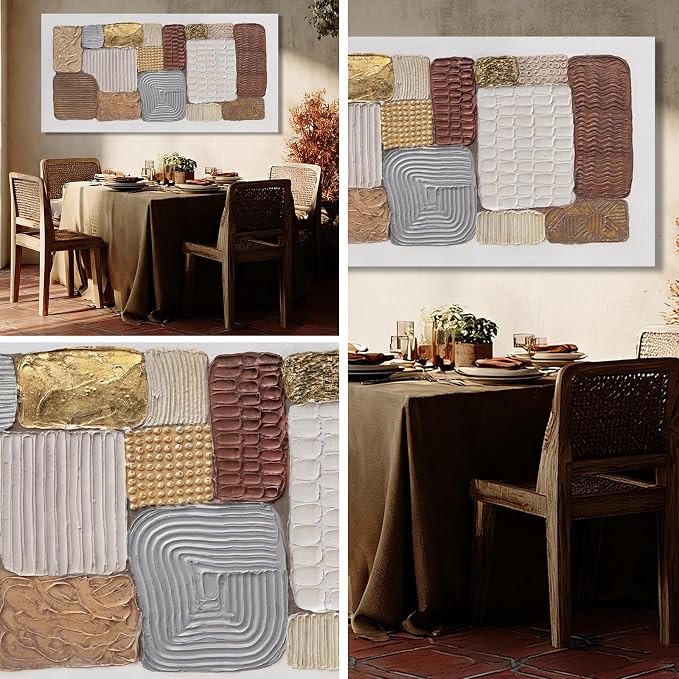 Dolidoteart Canvas Wall Art, Large Abstract Wall Art Print in Neutral Brown Beige Gold, Geometric Textured-Look Artwork for Living Room Bedroom Office, 24x48 Inch