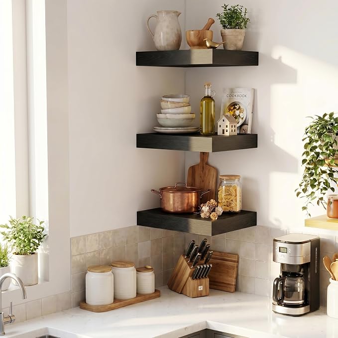 Fun Memories Wood Floating Shelves 20 Inch, 12 Inch Deep Shelves Wall Mount, Wall Shelves with Invisible Bracket, 20" Floating Shelves for Living Room Bathroom Bedroom, Black, Set of 2