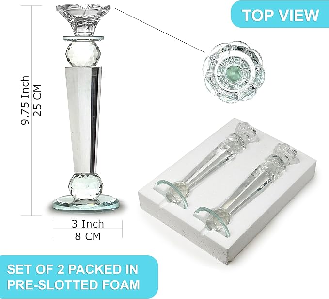Allgala Set of 2 Crystal Glass Made Reverse Tapered Pillar and Hand Crafted Ball Candlesticks-10-HD89152