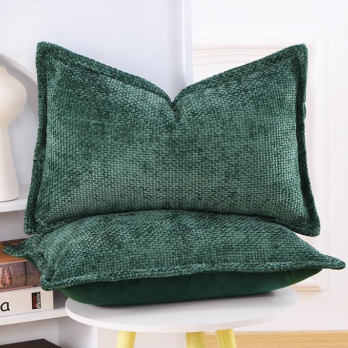MADIZZ Decorative Chenille Velvet Throw Pillow Covers Set of 2 Soft Boho Textured Neutral Couch Throw Pillow for Bed Modern Farmhouse Home Decor for Sofa Livingroom Dark Green 12x20 Inch