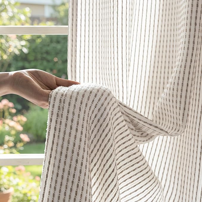DriftAway 3D Chenille Striped Curtains 90 Inches Long Tweed Linen Textured Light Filtering Woven Embroidered Luxury Soft Drapes for Living Room Bedroom Grommet Privacy 2 Panels W52 x L90 Coffee