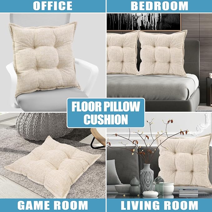 SINSOSSO Large Floor Pillows 22", Thickened Bite-Size Memory Foam Square Non-Slip Cushions for Office Back Support/Yoga/Chair Seat, Fashionable Color-Blocked Fabric & Washable, Beige, 2 PCS