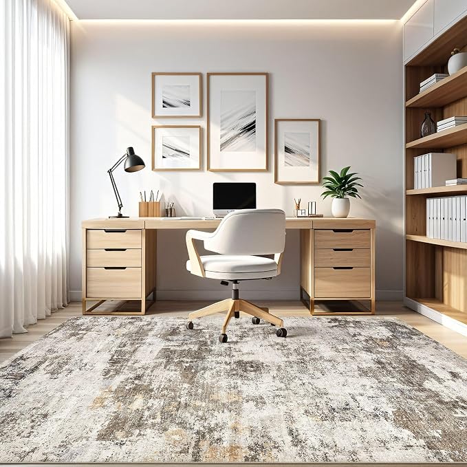 10x14 Area Rugs Living Room: Washable Large Abstract Neutral Modern Soft Rug Stain Resistant Indoor Floor Non-Slip Accent Carpet for Bedroom Nursery Playroom Dining Room Office Dorm Home- Brown Yellow