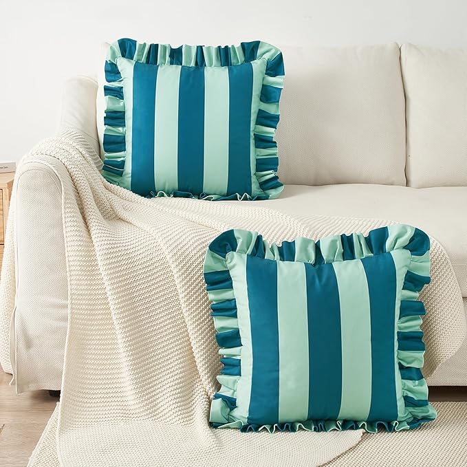 MONDAY MOOSE Decorative Throw Pillow Covers, Set of 2 Water-Resistant Striped Design with Ruffle Edge for Outdoor/Indoor Use, Pillow Inserts Not Included (20x20 inch, Blue/Light Blue)