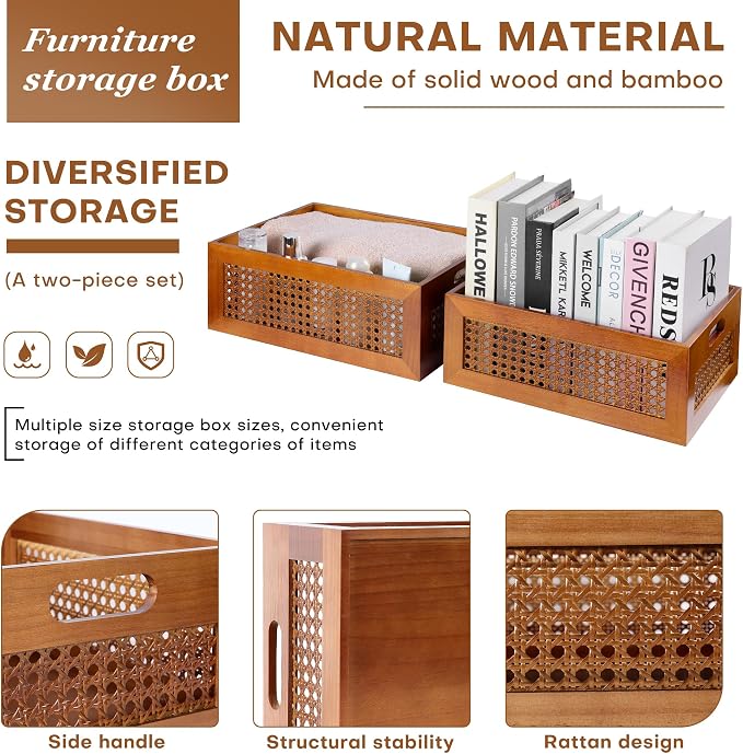 Wooden Storage Basket Set of 2 Handmade Rattan Drawer Storage Box with Frame & Handles Decorative Natural Bamboo Woven Bins Rustic Farmhouse Decor Home Office Tabletop Shelf Organizer