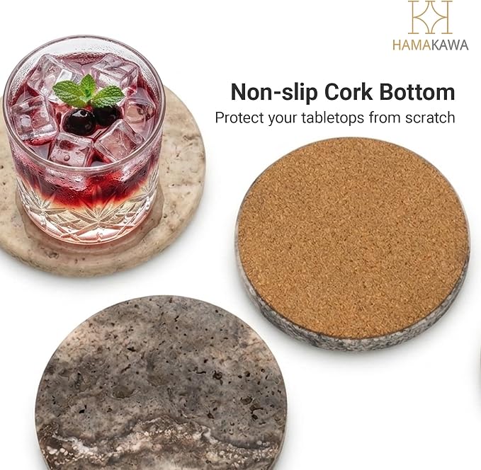 Natural Marble Coasters Set of 4, Round Travertine Coasters 4 Inch, Modern Gray Stone Coaster, Vintage Drink Coaster for Home Decor, Coffee Table, Office