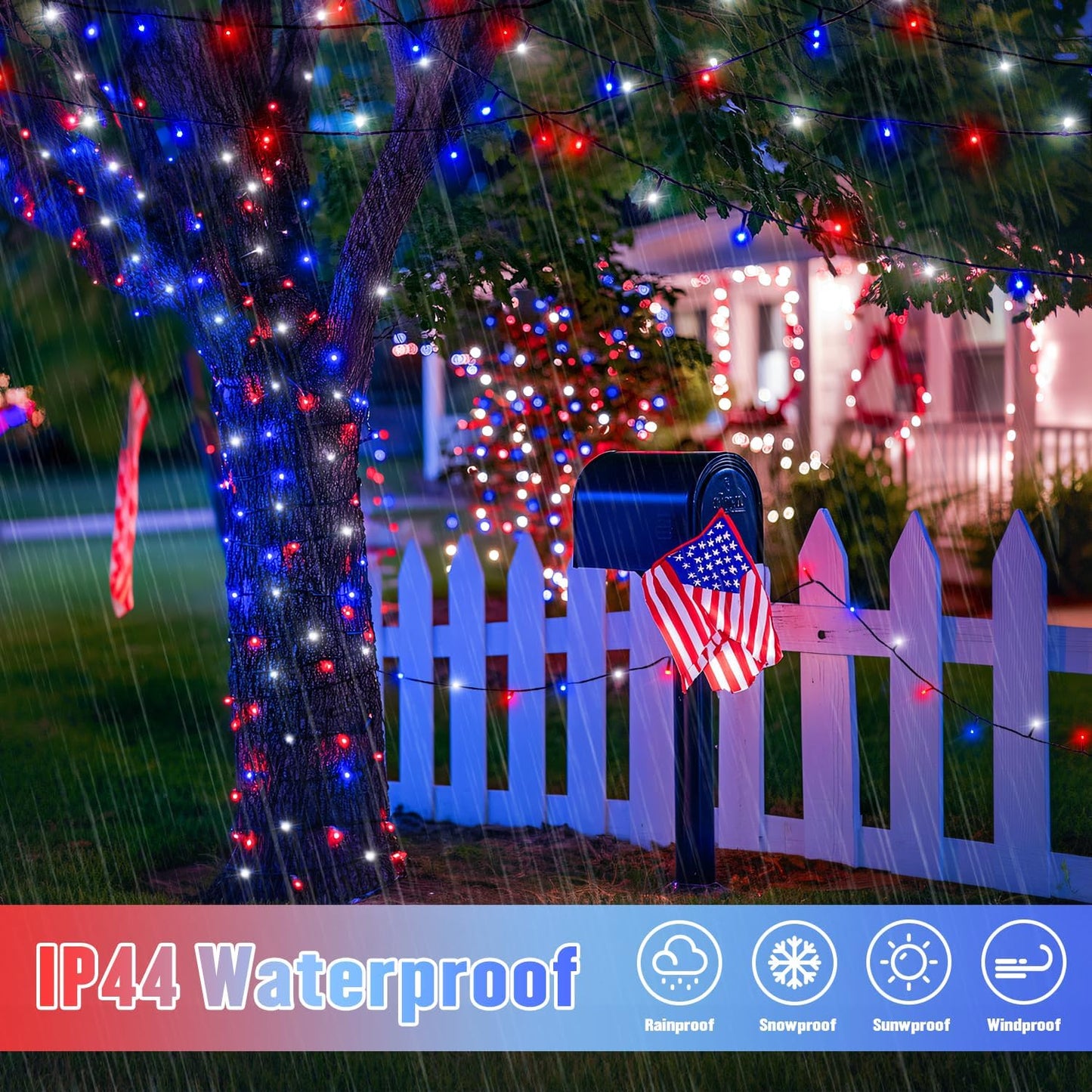 JMEXSUSS 2 Pack Red White and Blue Solar Lights 100LED 33ft Patriot Solar String Lights Waterproof, 8 Modes 4th of July Lights for Independence Day, Gardens, Tree, Outdoor 4th of July Decorations
