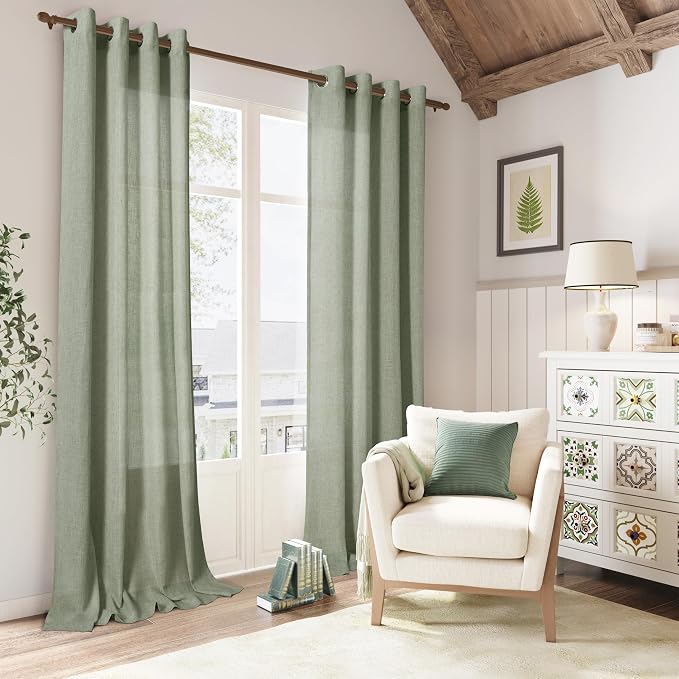 Sage Green Curtains 84 Inches Long for Living Room 2 Panels Grommet Linen Drape Light Filtering Green Semi Sheer Curtains Spring Summer Boho Farmhouse Decor for Dining Room Bedroom 84 Inch Length