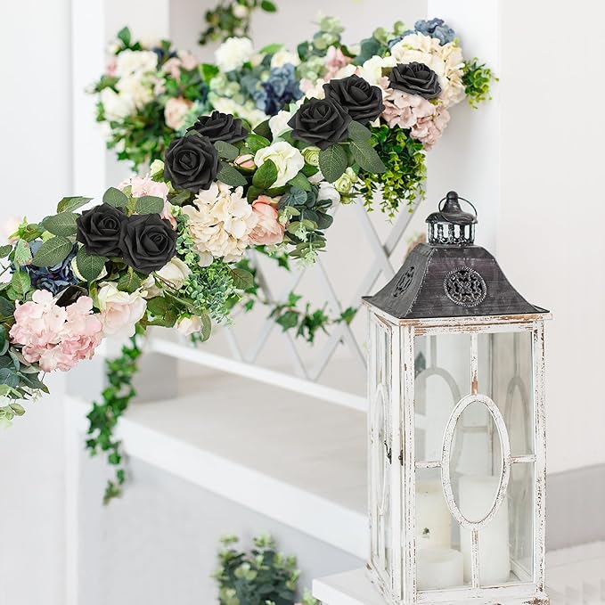 Mocoosy 50Pcs Black Roses Artificial Flowers, Fake Roses for Decorations, Real Touch Foam Rose Bulk with Stem Gothic Wedding Bouquet DIY Floral Arrangement Bridal Shower Mother's Day Party Table Decor