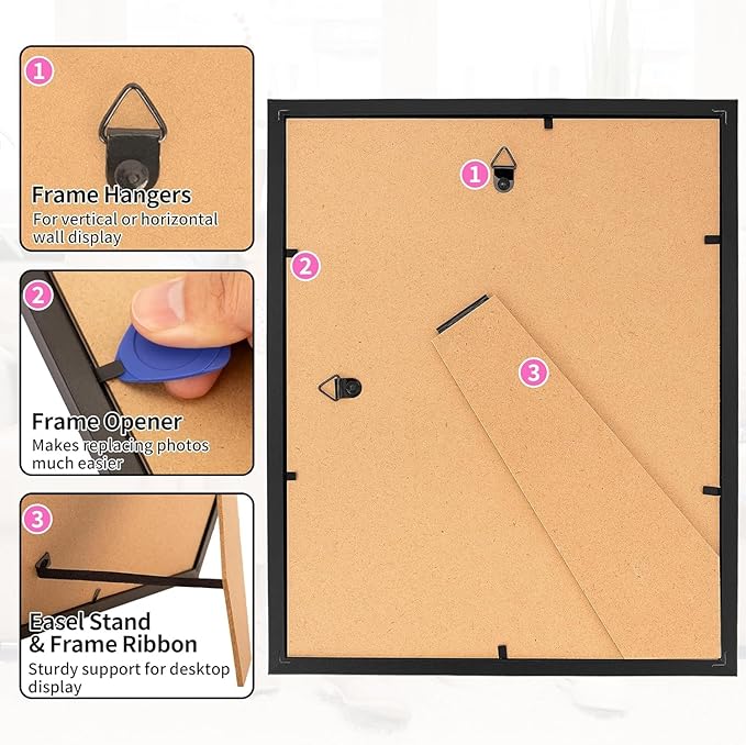 8x10 Picture Frame Set of 8, Black Photo Frames for Tabletop or Wall Display, Fits Pictures 5x7 with Mat or 8x10 Without, Frame Collage with HD Plexiglass for Home Wall Decor, with Gadget
