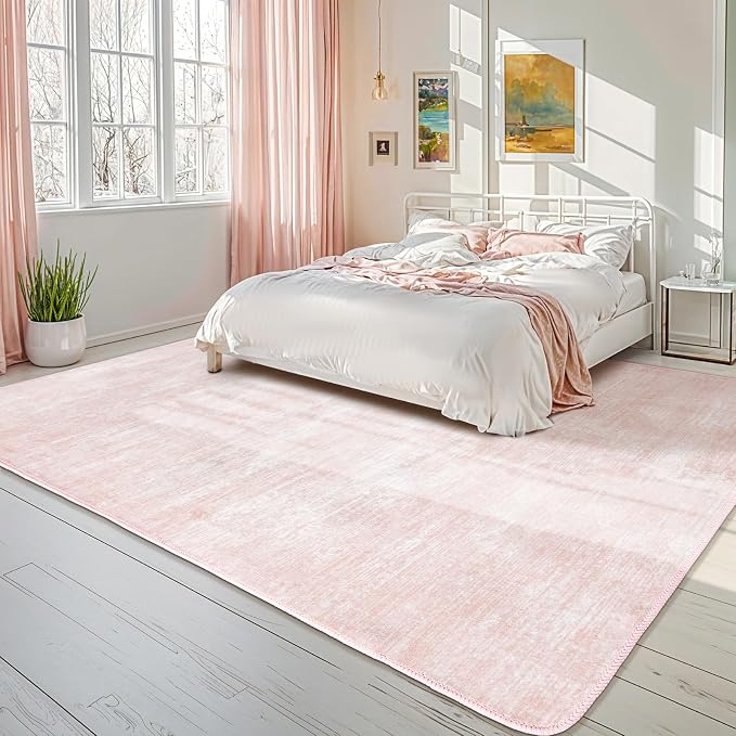 6x9 Washable Area Rug, Pink Solid Area Rugs for Living Room & Bedroom | Stain-resistant & Non-slip backing,Low Pile Washable Large Carpet, Solid Vintage Style For High Traffic Areas(6x9,Pink)