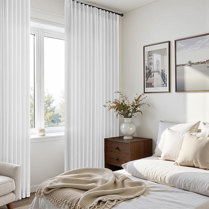 Beige Linen White Pinch Pleated Curtains 84 Inches Long for Living Room Farmhouse Natural Off-White Textured Weave Memory Trained Window Drapes Light Filtering Scandinavian Semi Sheer Curtain 2 Panels