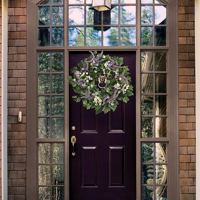 22IN Spring Summer Wreath withGrape Leaves, Lavender. Seasonal Greenery Decor for Front Door, Wall, and Year-Round Celebrations.
