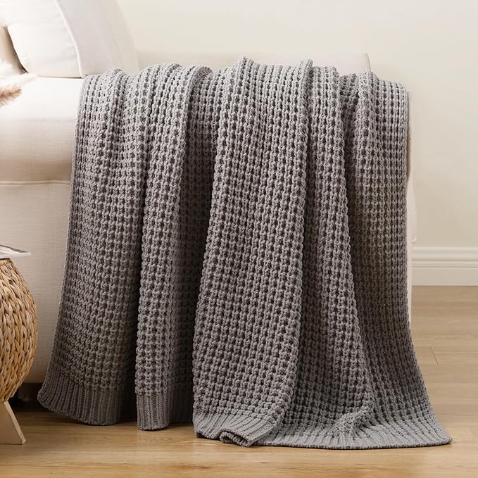 Bunnikins & Clover Light Grey Throw Blanket for Couch, Soft Knitted Chenille Throw Blanket for Sofa, Chair, Living Room, Cozy Gray Throw Blankets for Bed, 50"x60"