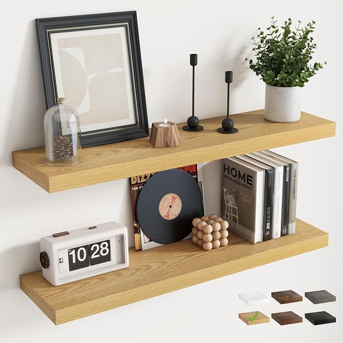 24 Inch Floating Shelves for Wall with Invisible Brackets Set of 2, 8"D Engineered Wood Wall Shelves with Wood Grain for Living Room, Bedroom, Bathroom, Kitchen Decor and Storage, Oak Finish