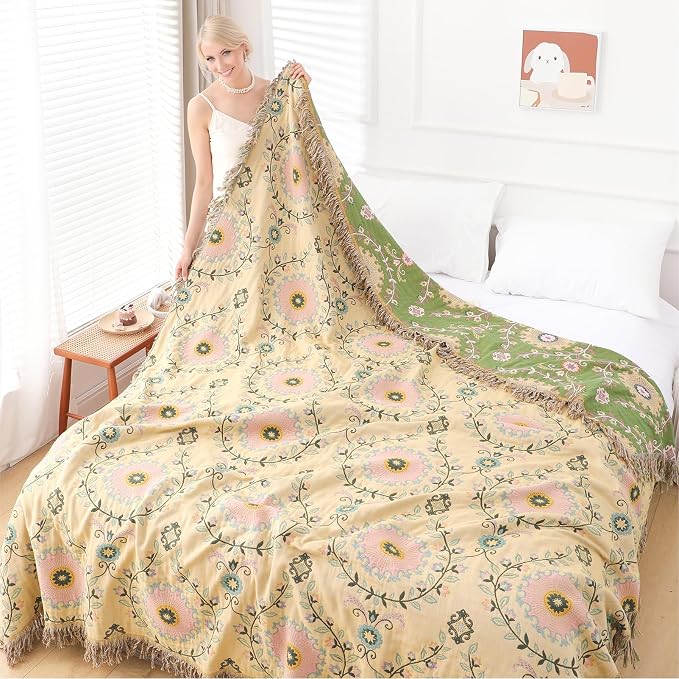 Snycler Boho Throw Blanket 91"x98" - 100% Cotton Ultra Soft Rustic Quilt, Green Floral Printed Farmhouse Decor for Bed, Sofa, Couch, Chair - All Season Cozy Blanket
