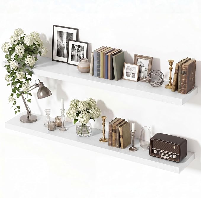 Vivelove Wall Floating Shelves for Display with Invisible Brackets, 48 Inch Floating Shelf for Under TV Over Fireplace Bedroom Living Room Office, 48”X 8”X 1.4", Set of 2 - White