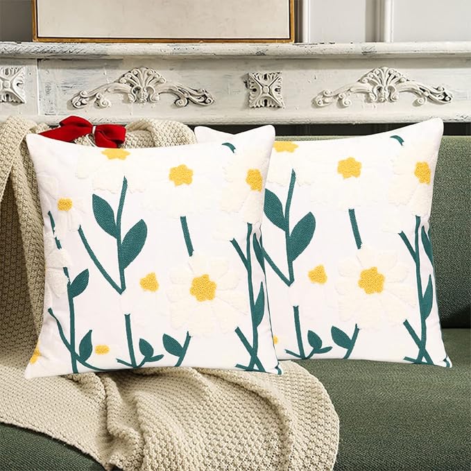 Set of 2 Embroidered Decorative Throw Pillow Covers Couch Square Pillowcases Cushion for Bedroom Sofa Farmhouse Decor 18x18 Inch (Spring Flower)