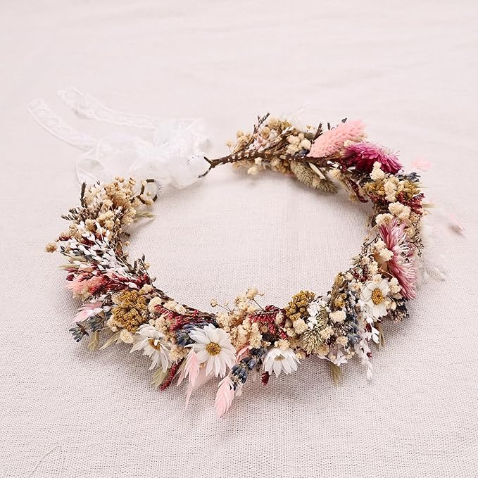 Rustic Preserved Dried Flower Crown Natural Floral Headband with Daisy Cream Mixed Flowers for Women Maternity Brides Bridesmaids Flower Girls Family Photography