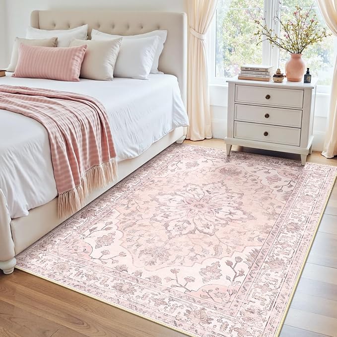 RELEANY Area Rugs 4'x5' Washable Non-Slip, Floral Vintage Distress Print Pattern Medallion Carpet for Living Room Bedroom Dining Room, Pink Greypink Cute