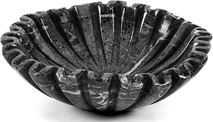 Marble Large Decorative Bowl Handmade 10 Inch Black Ruffle Bowl, Scalloped Bowls for Home Decor, Modern Fruit Bowl for Kitchen Counter, Stone Fluted Bowl for Housewarming Gifts