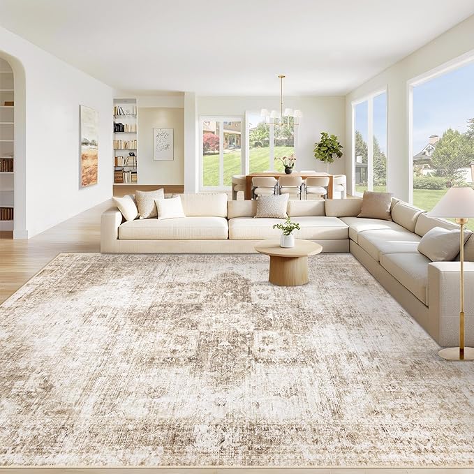Area Rug 8x10 Washable Rug, Vintage Boho Medallion Rugs Non-Slip Soft Low Pile Large Distressed Rug Indoor Retro Carpet for Living Room Bedroom Dining Room Home Office (Brown, 8'x10')