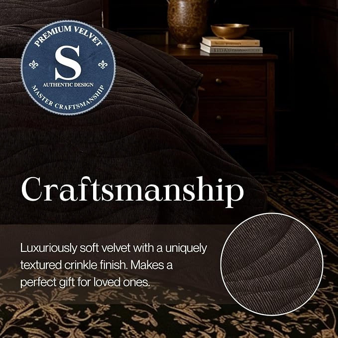 DOWN HOME Crinkle Textured Velvet Quilt Set with Shams, All-Season Luxury Modern Bedding,Easy Care Comforter,Ultra-Soft,Lightweight & Breathable, Queen, Antique Brown
