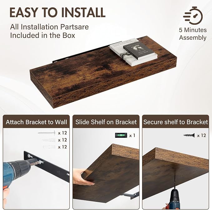 Acovy 30 Inch Floating Shelves, 12" Deep Floating Shelf Wall Mounted, 30" Wall Shelves, Rustic Deep Bookshelf, Extra Deeper & Thicker Display Shelves for Bedroom, Living Room, Brown, Set of 2