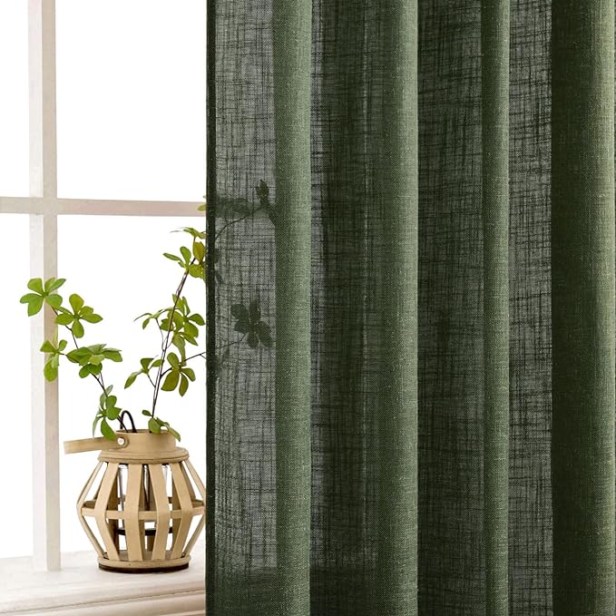 MIULEE Olive Green Linen Curtains 63 Inch Length 2 Panels for Bedroom Living Room, Soft Thick Linen Textured Kitchen Window Drapes Semi Sheer Light Filtering Back Tab Rod Pocket Burlap Look Decor