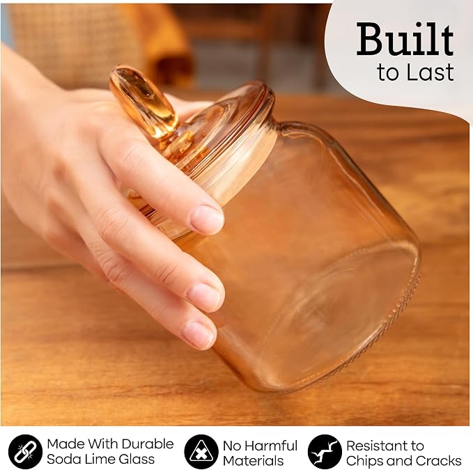Set of 3 Elegant Amber Glass Jars with Lids