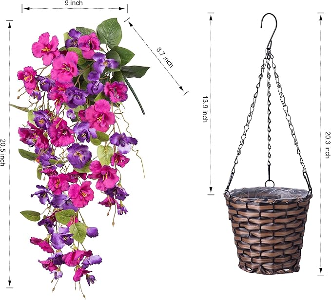 Artificial Fake Hanging Hibiscus Flowers Plants Baskets for Outdoor Outside Spring Summer Decoration, Faux Silk Hibiscus Long Vines in Planter UV Resistant Realistic Flowers (PurpleDarkPurple)