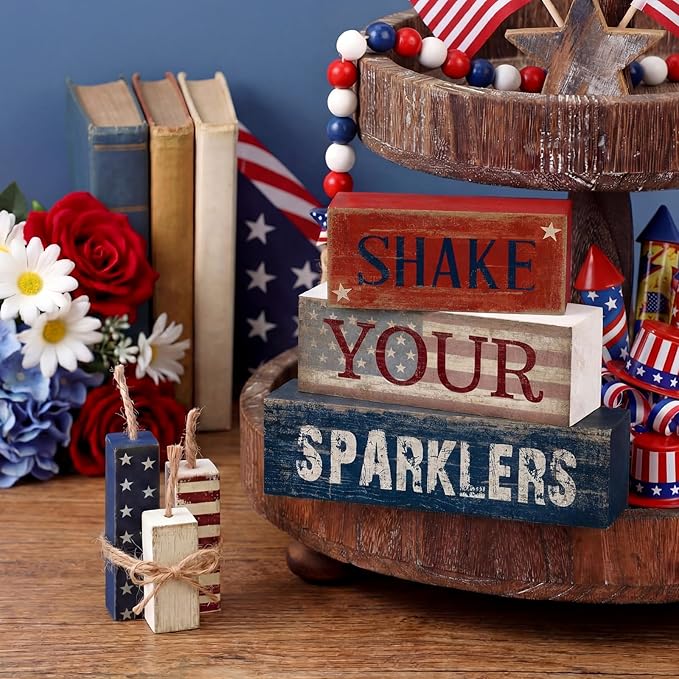 CroBlissful 4 Pcs 4th of July Decorations Patriotic Memorial Day Tabletop Decorations Red White Blue Table Centerpieces Sign for Office Tiered Tray Home Shelf 250th Anniversary(Shake)