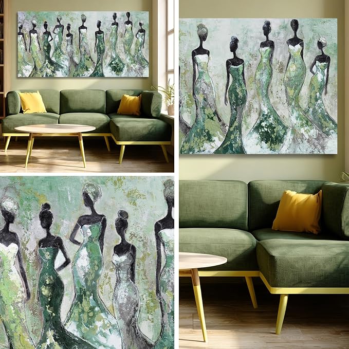 Dolidoteart Black Women Canvas Wall Art, Large Wall Decor for Living Room, Green White Women Wall Art Print for Bedroom Office, Modern Canvas Art, 29x58 Inch
